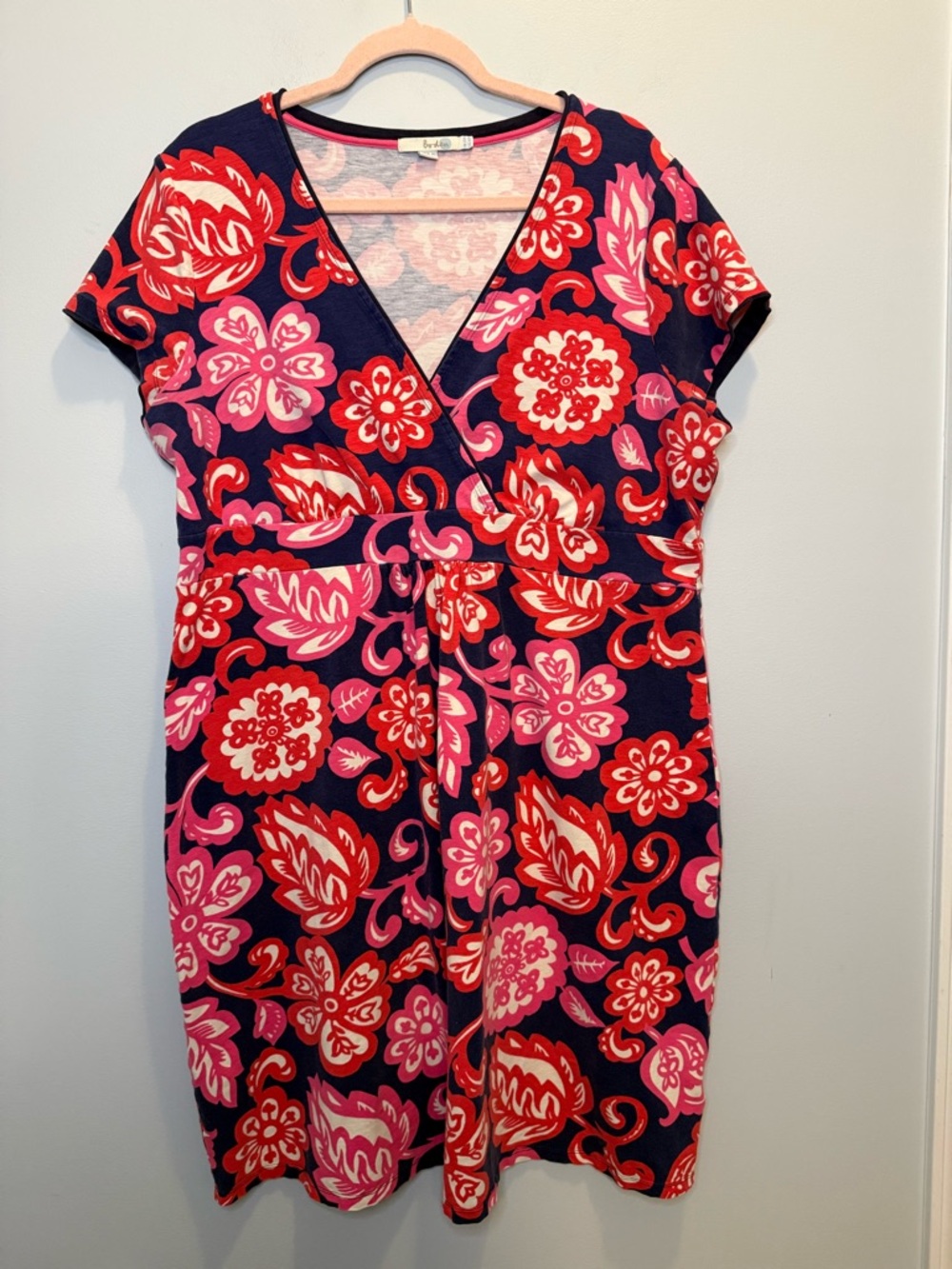 Boden Navy & Pink Floral Modest Jersey Day Dress Size 16